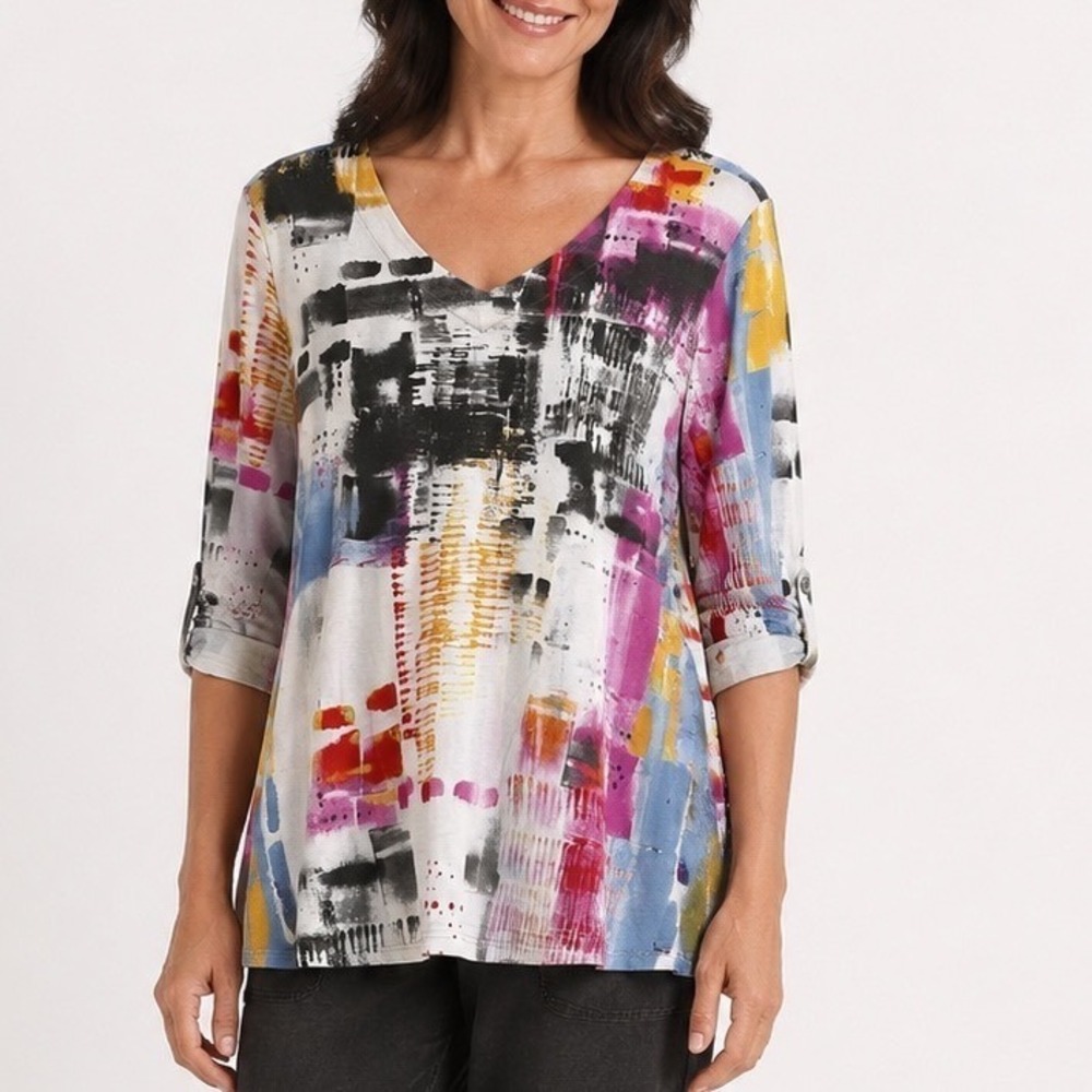 Habitat Clothes to Live In Multicolor Abstract Art V-Neck Roll-Tab Top Large
